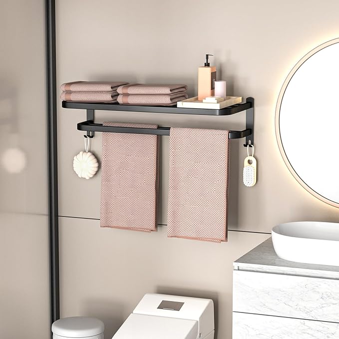 DDS-DUDES 23 Inch Bathroom Towel Rack Towel Shelf with Double Towel Bars Lavatory Wall Mount Holder with Hooks Stainless Steel Hotel Bath Rack (Matte Black)