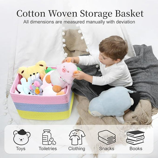 Hopegiver Rainbow Cotton Rope Storage Baskets Set of 3 for Kids Baby, Colorful Storage Bins for Toys, Woven Organizer Baskets Room Decor for Nursery & Playroom(Pink&Blue&Yellow, 15x11x10 IN)