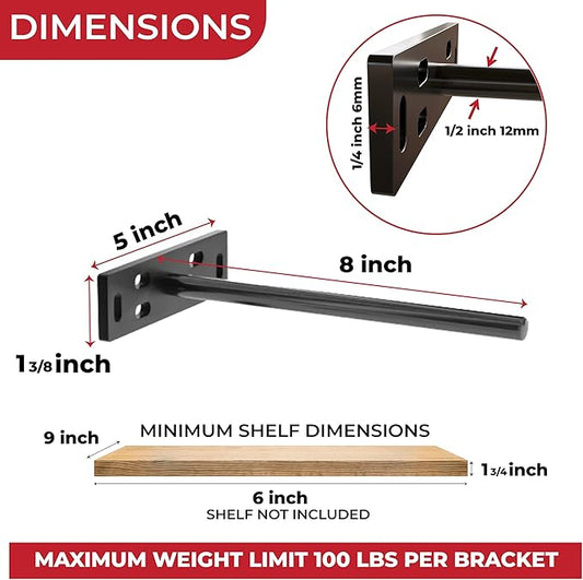 Set of 4 Floating Shelf Brackets Heavy Duty (1/4 inch Thick Baseplate) Painted Black Mild Steel/ Bracket for Hidden Wall Shelves Support Hardware Mount Kitchen/Nursery Decor (8 inch Rods)
