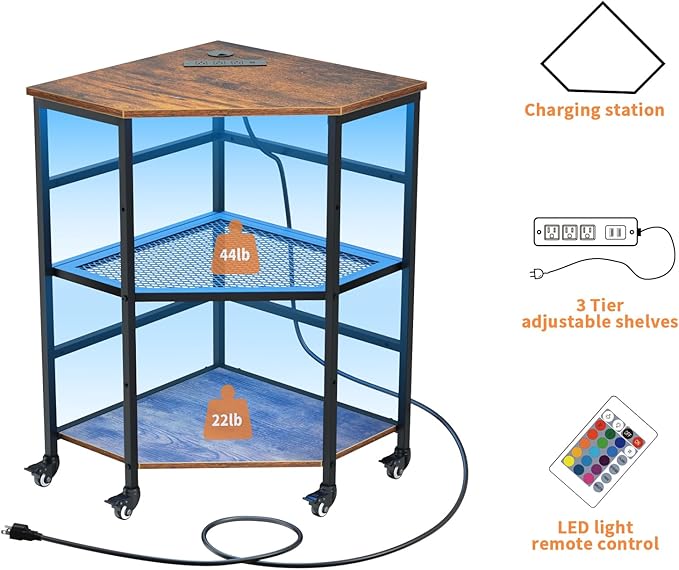HAIOOU Corner Printer Stand Table with Power Outlet Charging Plugs USB Port & LED Lights, 3-Tier Corner Table with Wheel, Metal Frame Adjustable Storage Shelf for Home Office Kitchen