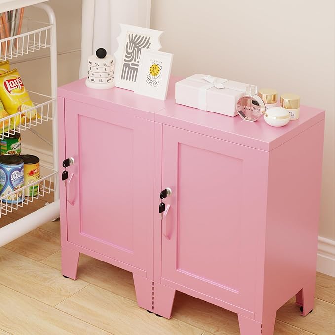 ALBAD Metal Nightstand with Lockable Cabinet, Compact Mini Locker Bedside Table for Kids & Adults, Modern Steel Side Table for Bedroom, Dorm, or Living Room (Pink)