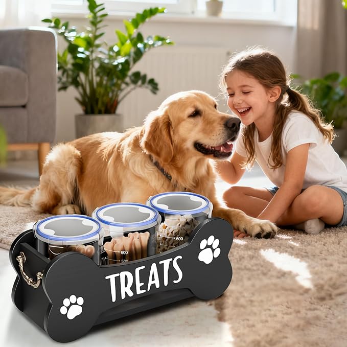 WGFKVAS Dog Treat Storage Containers, 3 Jar Countertop Organizer with Airtight Lids, Black Wooden Pet Food Dispenser for Dogs & Puppies, Perfect Food Storage Solution and Gift for Dog Owners