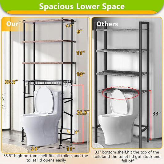 Over-The-Toilet Storage Shelf,4-Tier Bathroom Organizer Cabinet Rack And Storage Over Toilet With Shelf Waterproof Feet Pad And Basket,Multifunctional Space Saver Freestanding Bathroom Shelves(Brown)
