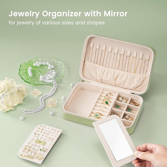 Lolalet Travel Jewelry Case for Women Girls, Travel Jewelry Organizer Box with Mirror & Clear Storage Bag, Small Portable Earring Necklace Bracelet Ring Case, Birthday Valentine Gifts -Medium, Green