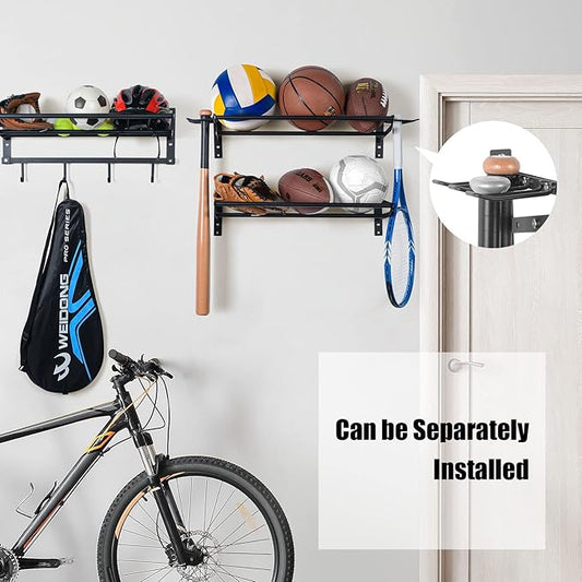 XCSOURCE Garage Sports Equipment Storage Rack with 3 Separate Shelf, Ball Rack, Sport Equipment Organizer with 4 Hooks for Badminton Racket, Basketball Rack for Basketball Football Rugby