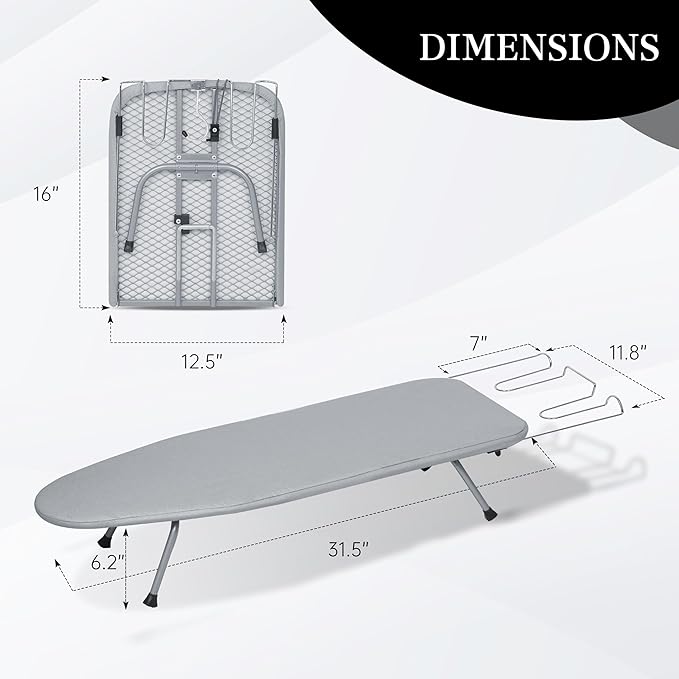 Ironing Board, Small Iron Board with Iron Rest, Mini Tabletop Ironing Board with Heat-Reflective Cover and 100% Cotton 8mm Thicken Pad, 31.5"x11.8"x6.2", Silver