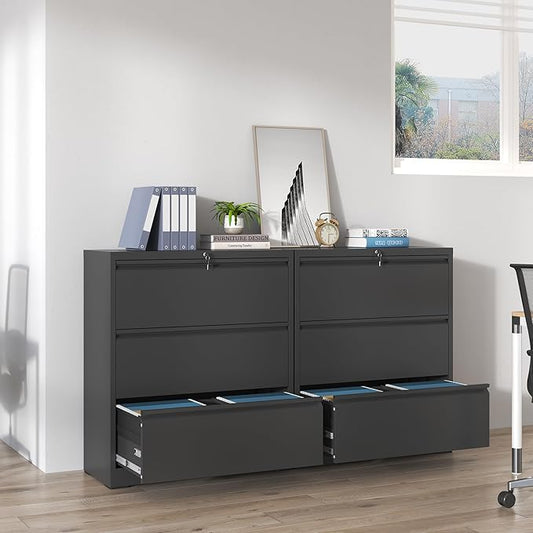 3 Drawer Lateral File Cabinets with Lock,Black Metal Lateral Filing Cabinet for Home Office,Wide Steel Storage Cabinet Commercial Drawer Cabinets for Legal/Letter/A4 Size Files Assembly Required