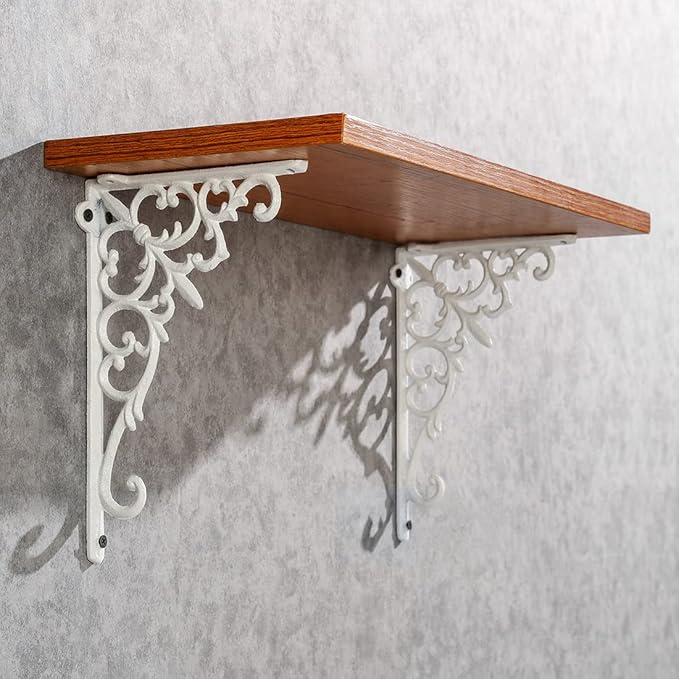 Z Metnal Decorative Shelf Brackets, White Cast Wrought Iron Metal Mailbox Bracket, 90° Right Angle Victorian Brackets, Wall Decor, Modern Shelving Bracket for DIY Floating Shelves, 4 Pcs