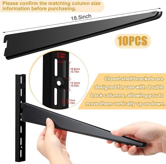 10 Pack Adjustable Shelf Brackets for Double Track System Closet Organization Heavy Duty Wire Shelf Brackets (Black,18.5 Inches)