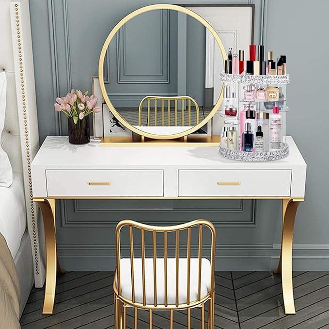 V-HANVER 360 Rotating Makeup Organizer Perfume Organizer Clear Cosmetic Storage Display Case Large Capacity Acrylic Beauty Holder Adjustable Partition Height for Bedroom Dresser or Bathroom Vanity