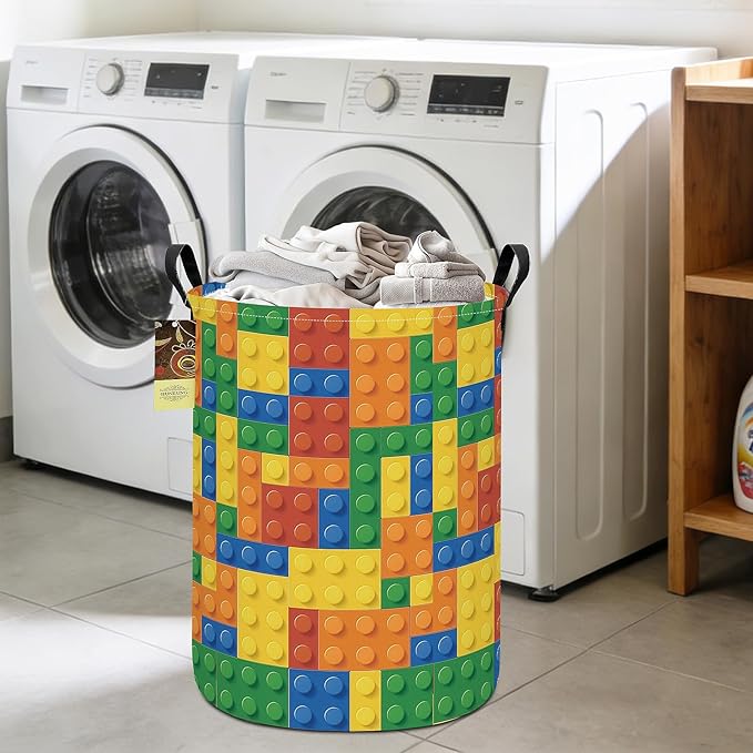 HUNRUNG Laundry Hamper,Large Canvas Fabric Lightweight Storage Basket Toy Organizer Dirty Clothes Collapsible Waterproof for College Dorms(Round-Colorful Blocks)