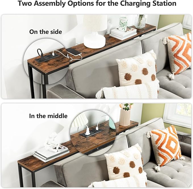63" Console Table with Power Outlet, Narrow Sofa Table, Industrial Entryway Table with USB Ports, Behind Couch for Entryway, Hallway, Foyer, Living Room, Bedroom, Rustic Brown CTHR16E01Z