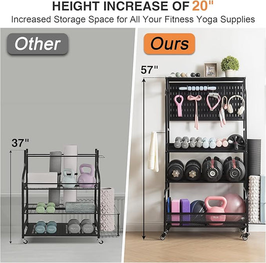 56'' Taller Home Gym Storage Organizer, Yoga Mat Storage Rack with Hanging Board, Exercise Workout Equipment Storage Stand for Home Gym, Dumbbell Holder Kettlebell Rack with Wheels and Hooks