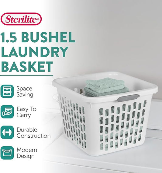 Sterilite Laundry Basket, Plastic Clothes Hamper, Large Square Bin with Comfort Grip Handles and Reinforced Rim, 1.5 Bushel Capacity, White, 12 Pack
