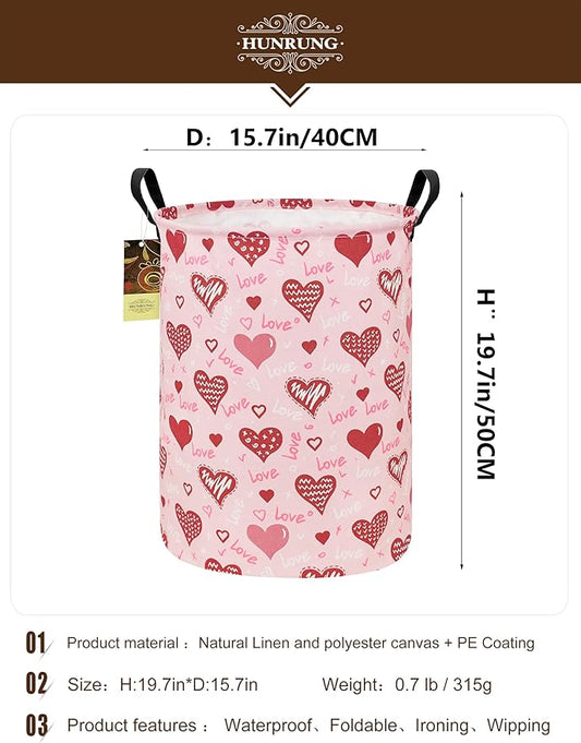 HUNRUNG Laundry Hamper,Large Canvas Fabric Lightweight Storage Basket Toy Organizer Dirty Clothes Collapsible Waterproof for College Dorms(Round-Pink Love Heart)