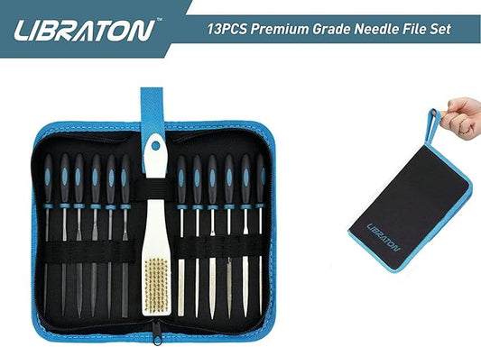LIBRATON Small File Set, Needle Diamond Files 13PCS, 6pcs Jewlers & 6 Steel for Precision Metal Work, Wood, Woodworking, Plastic Carving Tool with Brush and Carry Case