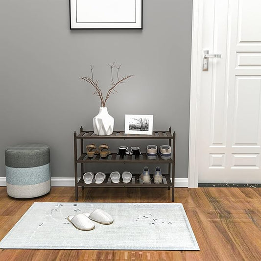 Shoe Rack, 3-Tier Bamboo Stackable Shelf Storage Organizer, Stand for Closet, Entryway, Hallway, Bathroom and Living Room(Mocha)