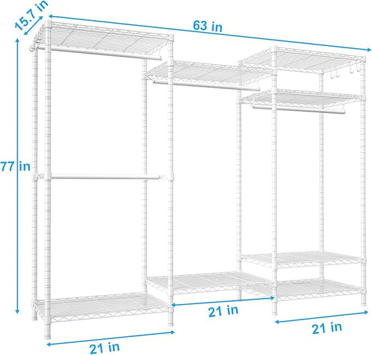 Ulif E13 Heavy Duty Clothes Rack(With 4 Hanger Rods & 8 Shelves) Freestanding Clothing Racks for Hanging Clothes,Adjustable Closet Organizer,Metal Garment Rack 63" W x16 D x77 H,Max Load 900LBS,White