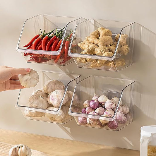 Garlic Keeper Storage Ginger Container, 3-Pack Small Clear Acrylic Bins with Adhesive, No-Drill Wall Mounted or Countertop Baskets for Kitchen, Pantry, Cabinet Organization