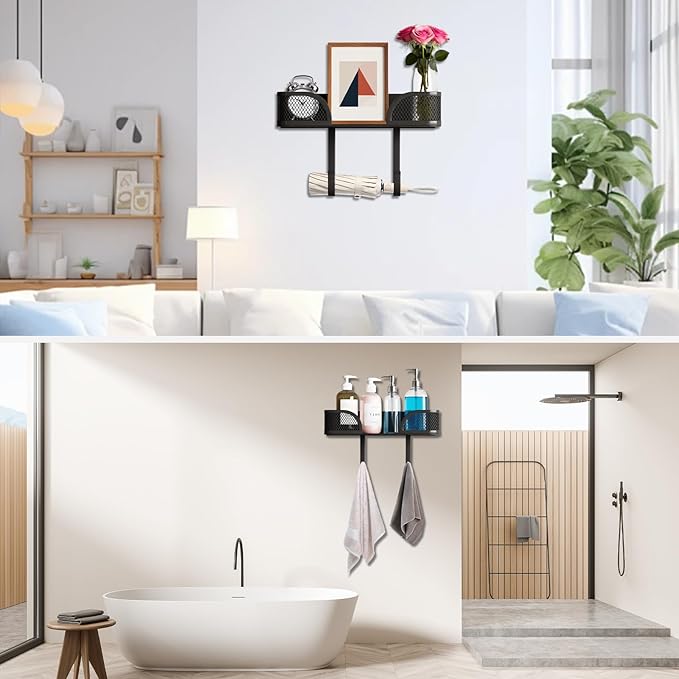 Ironing Board Holder Wall Mount, Ironing Board Hanger, Laundry Room Decor Organization and Storage with Large Storage Grid Base Basket and Hooks(T&V Shaped)