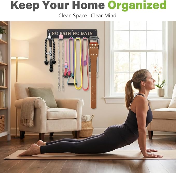 WIPHANY Home Gym Accessories Organization Storage Rack Equipment For Home 8 Hook Wall Hanger Display Gear Barbells Resistance Bands Jump Ropes Lifting Belt Hanger Accessories Hardware Included