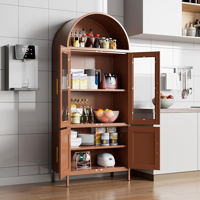 Metal Arched Bookcase Cabinet with 4 Doors,Arched Kitchen Pantry Cabinet for Home Office Living Room,Required Assembly,Brown
