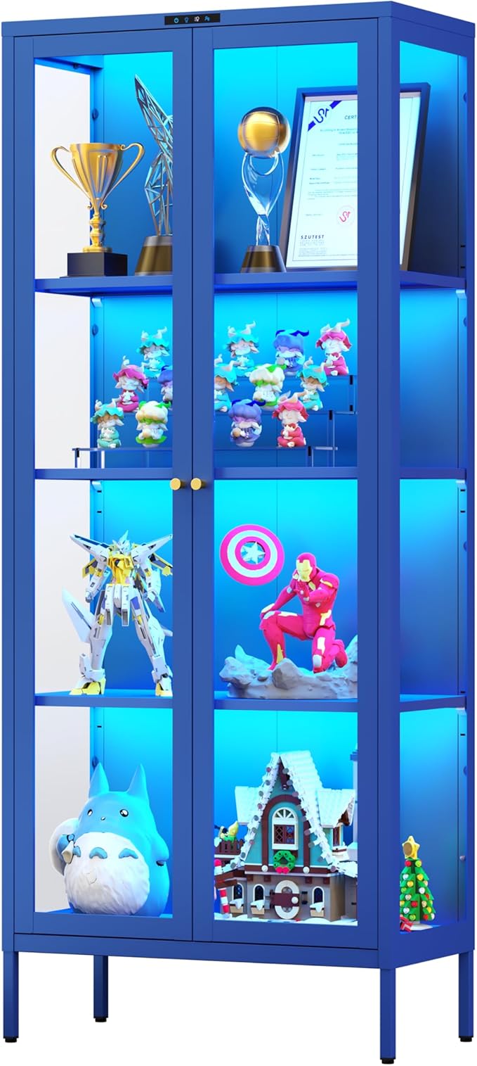 Glass Display Cabinet with Glass Doors, Metal Curio Cabinet with 8-Color LED Lights, 66 Inch Tall Display Case for Collectibles, Blue Storage Cabinet for Living Room, Assembly Required