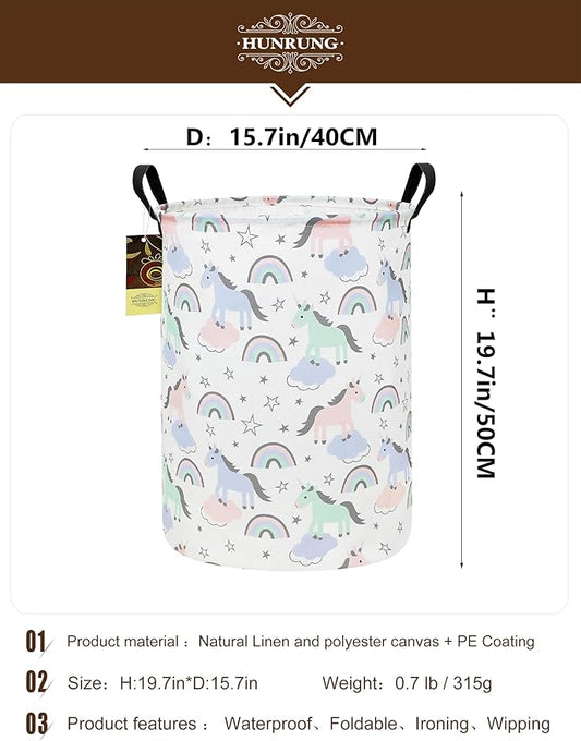 HUNRUNG Laundry Hamper,Large Canvas Fabric Lightweight Storage Basket Toy Organizer Dirty Clothes Collapsible Waterproof for College Dorms(Round-Star Unicorn)