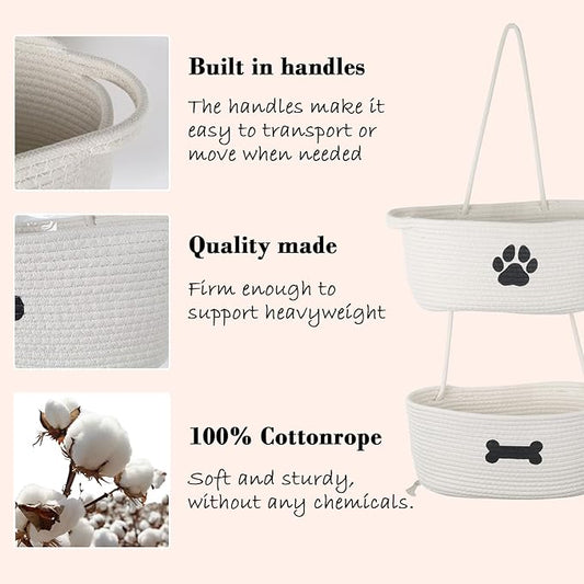 2-Tier Dog Baskets,Over Door Hanging Oganizer for Pet Stuff with Metal Hooks,Cotton Rope Wall-Mounted Storage Organizer for Dog Leash/Harness/Small Toys/Trash bag - Beige