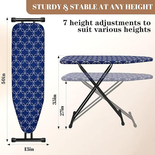 Classic Ironing Board, Compact and Space Saver,Size 43 x 13 Ironing Board, Extra Wide Ironing Area with Extra Thick Heavy Duty Padded, Stable Structure,Easy to Fold Blue Geometry