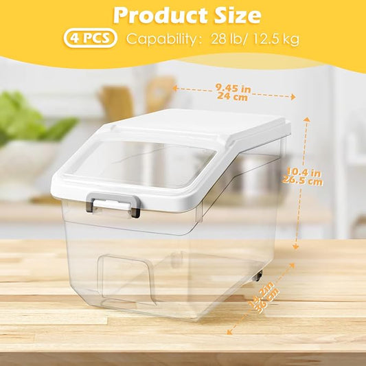 Sunnyray 4 Pcs Rice Storage Container 28 lb Airtight Flour Container with Wheels Measuring Cup Clear Pet Food Cube Dog Birds Cat Food Bin Grain Cereal Organizer Box for Dry Baking Supplies(White Lid)