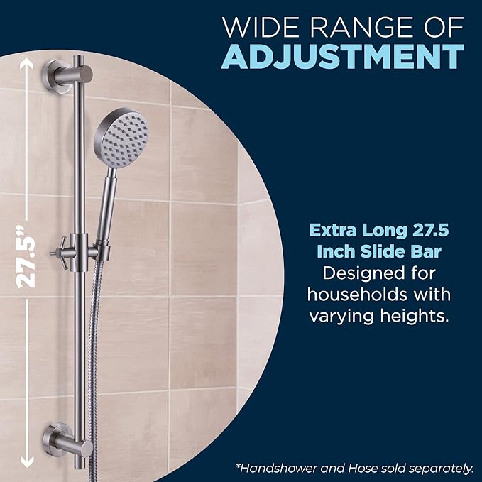 HammerHead Showers® Solid Metal 27.5 Inch Shower Slide Bar for Hand Held Shower Heads, Brushed Nickel | Adjustable Height Showerhead with Hose Rail System | Easily Adjust Height & Angle of Handshower