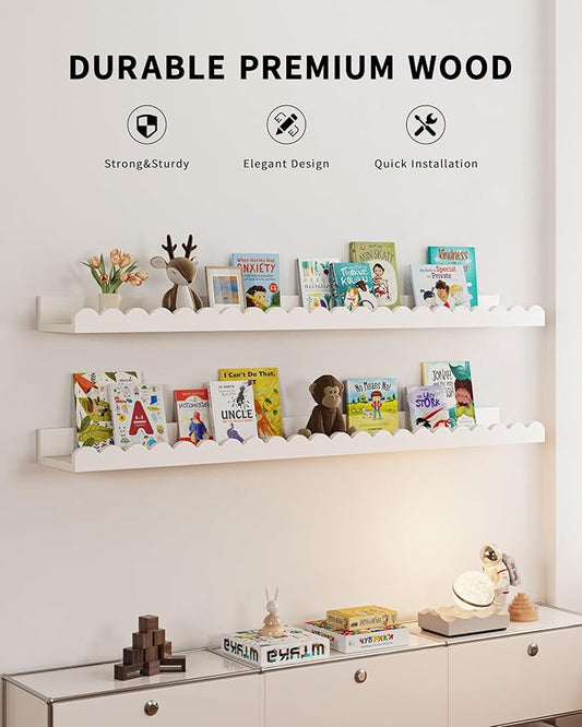 Shario Nursery Book Shelves, 4-Pack White Floating Shelves for Wall Kids, Scalloped Shelves, Wall Book Shelves for Bedroom Kids, Toddler Room, Baby Room, Nursery Decor (White, 36 Inches)