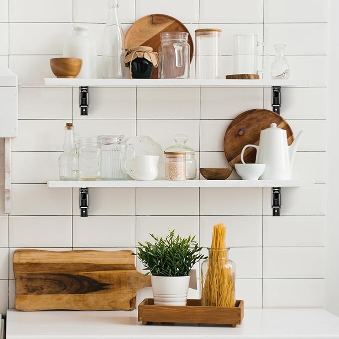 JOY DECOR 14 Inch Heavy Duty Folding Shelf Brackets, 4 Pack (2 Pairs) Collapsible Wall Mounted Brackets for Fold Down Table, Stainless Steel Folding Table Hinge, Matte Black
