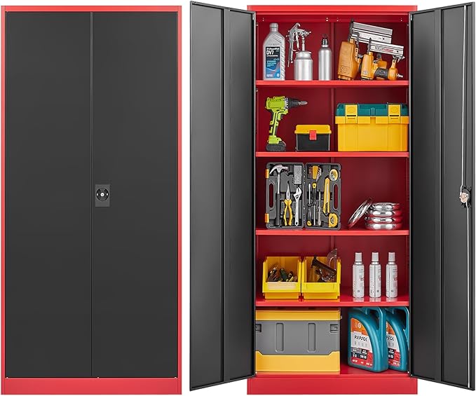 72 Inch Metal Cabinet,Lockable Storage Cabinet with 2 Doors and 4 Adjustbale Shelves,Tall Tool Cabinet Cabinet for Garage,Basement,Home Office,Gym(Red & Black)