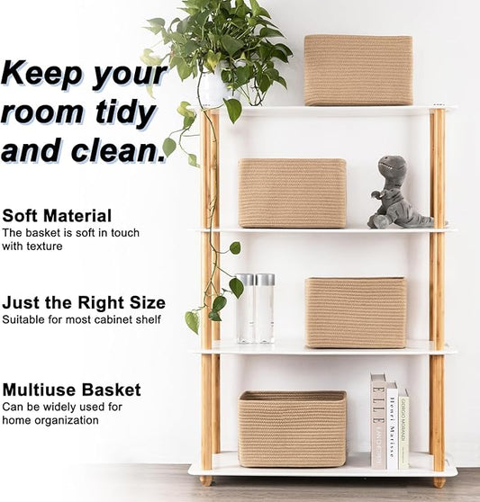 4 Pack Storage Baskets for Organizing, Woven Baskets for Shelves - Perfect for Toys, Books, Towels, and Clothes, Durable Gift Basket Bins Toy Storage, 12.7''L x9''W x7.8''H, Jute