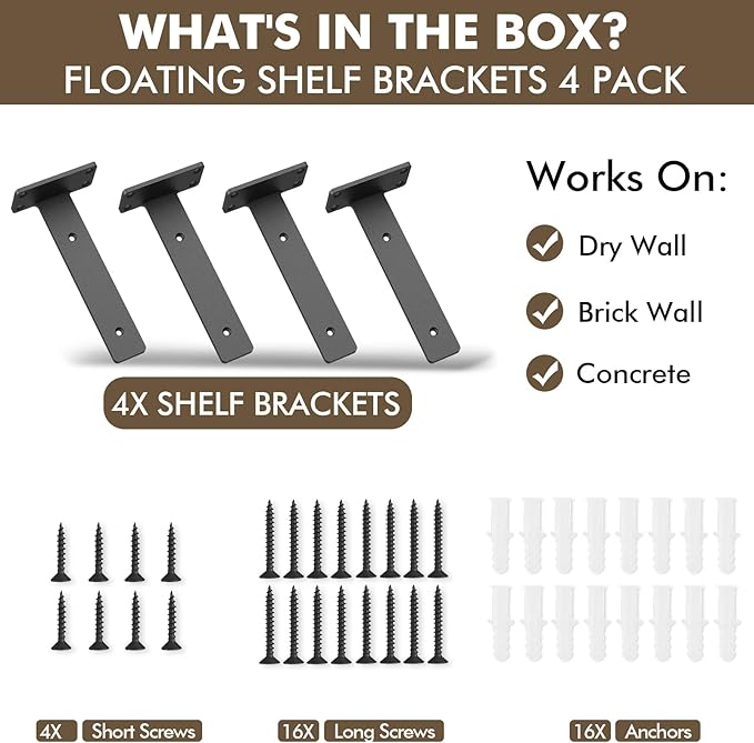 Heavy Duty Shelf Bracket 4 Pack, Floating Shelf Brackets 14 inch Long, Brackets for Shelves, Black Coated Metal Wall Shelf Support Brackets(1/5"-Thick)