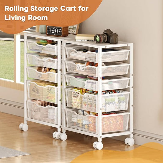 Rolling Storage Cart with 5 Drawers, Metal Utility Cart with Lockable Wheels, Craft Storage Art Cart, Rolling Drawer Cart for Living Room, Bedroom, Bathroom, Office, Home, White