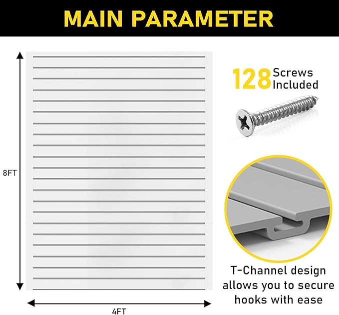 Heavy Duty 8x4 PVC Garage Slatwall Storage System (with Endcaps & Screws) - Modular Slat Wall Paneling for Garage Wall Organizer - Interlocking Slatwall Panels for Home & Commercial Use (White)