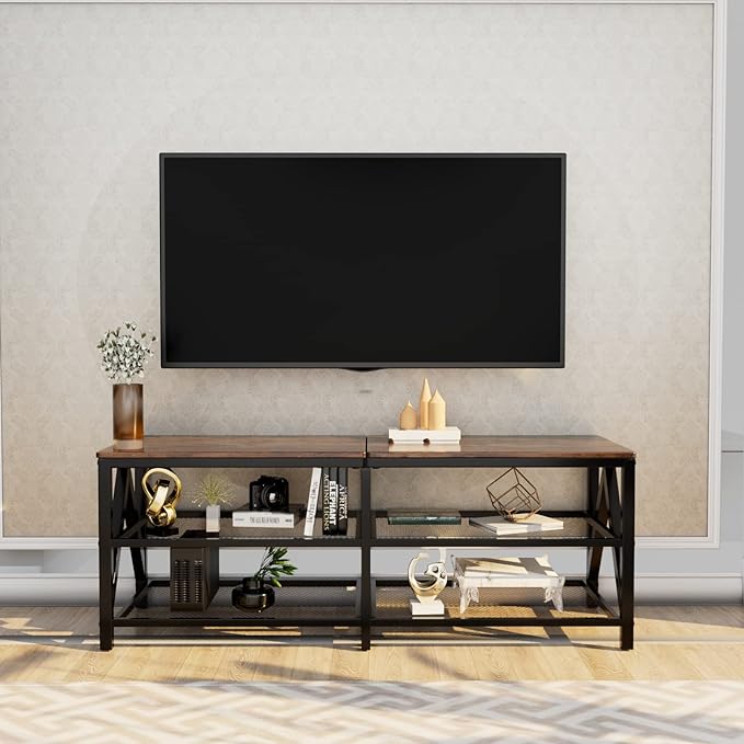 TV Stand for TVs up to 65 Inch, 55" Long Industrial TV Console Table with 3-Tier Storage Shelves, Entertainment Center for Living Room, Bedroom (Brown)