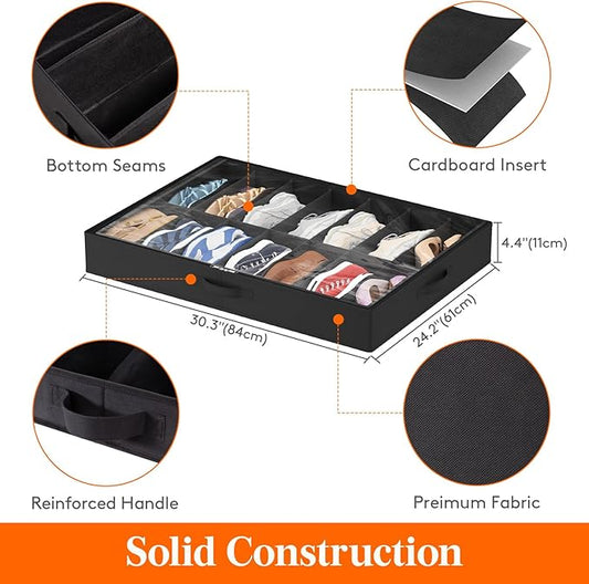 Lifewit Under Bed Shoe Storage Organizer 3 Pack(14 Pairs), 4.3" Tall Fabric Shoes Container Box, Foldable Closet Shoe Bag with 2 Reinforced Handles and Clear Cover, Black