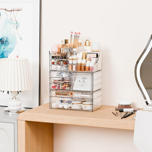 Yieach 3 Pack Clear Makeup Organizer Countertop for Dresser,Vanity and Bathroom Counter Organizer,Tiered Stackable Makeup Acrylic Organizers with 9 Drawer for Skincare,Brush and Make up Holders