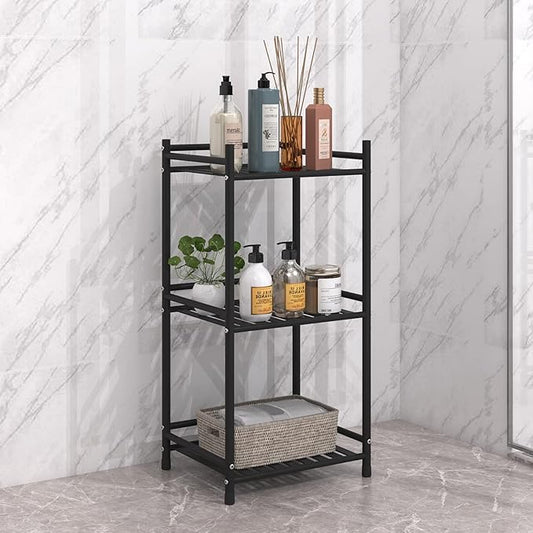 3 Tier Bathroom Storage Open Shelf Unit, Free-Standing Metal Corner Rack Shelving for Kitchen, Living Room, Hallway (Matte Black, 3 Tier)