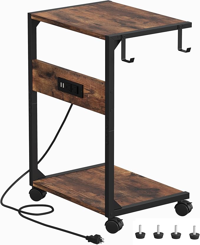 2 Tier Computer Tower Stand with Charging Station, 11.8" D x 16.5" W Rolling Floor PC Tower Stand Fits Under Desk, CPU Holder Cart for Carpet with Hooks, C Shaped End Table for Home Office