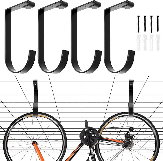 QWORK Bike Hooks for Garage Ceiling Mount Rack, 4 Pack Wall Shelving Hooks