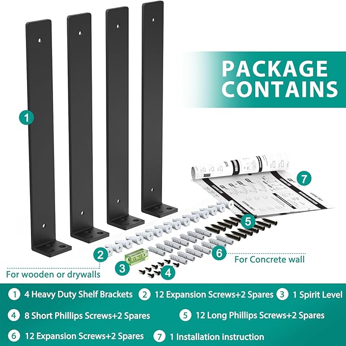 Goovilla Heavy Duty Floating Shelf Brackets 12 Inch for 2×4” Wood Stud, 4 Pack L Brackets for Shelves or Shelving, Black Coated Metal Shelf Hardware with 160 lb. Load Capacity and Easy Installation