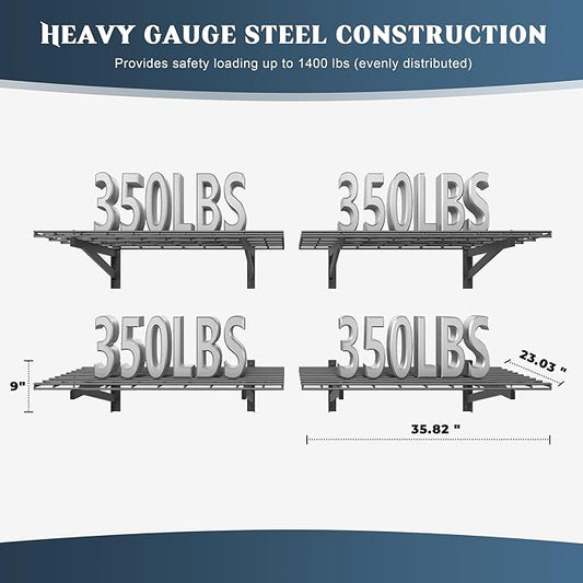 4 Pack Heavy Duty Garage Wall Shelving Set (2x3ft), Wall Mounted Garage Shelves 1400lbs Capacity, 24"x72" Shelf Storage Rack Floating Shelves, Black