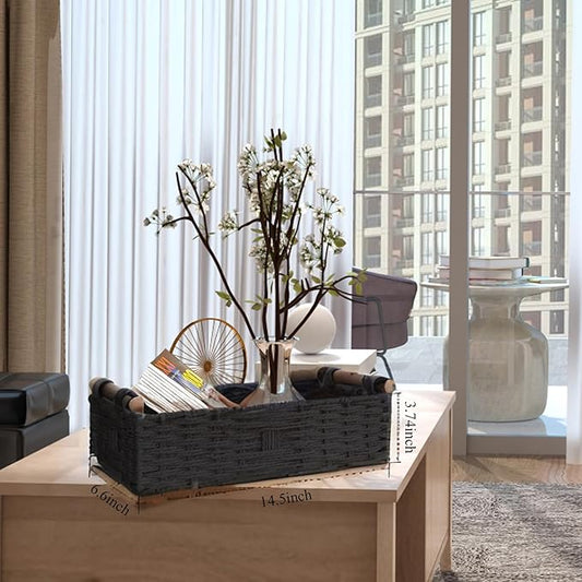 Round Paper Rope Storage Basket Wicker Baskets for Organizing with Handle Decorative Storage Bins for Countertop Toilet Paper Basket for Toilet Tank Top Small Baskets Set,Black