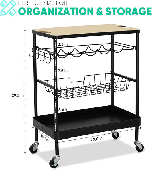 Sekey Rolling Kitchen Cart with Wine Rack, Bar Cart, Home Bar Serving Cart on Wheels with Hook, Mobile Beverage Microwave Carts, for Home, Living Room, Dinning Room, Black and Light Brown