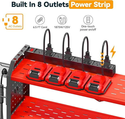 Warome Garage Tool Organizer Wall Mount with Charging Station, Power Tool Organizer with Large 8-Outlet Power Strip, Tool Storage Rack with 8 Cordless Drill Holders, Battery Utility Rack in Red